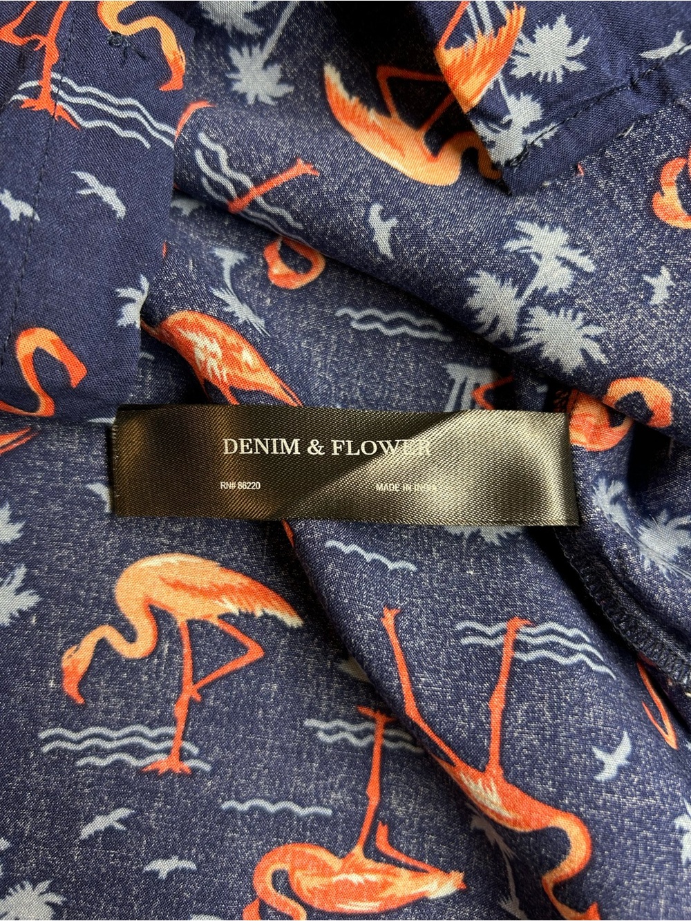 Denim & Flower Navy Button-Down Shirt with Orange Flamingo Print - Picture 2 of 8